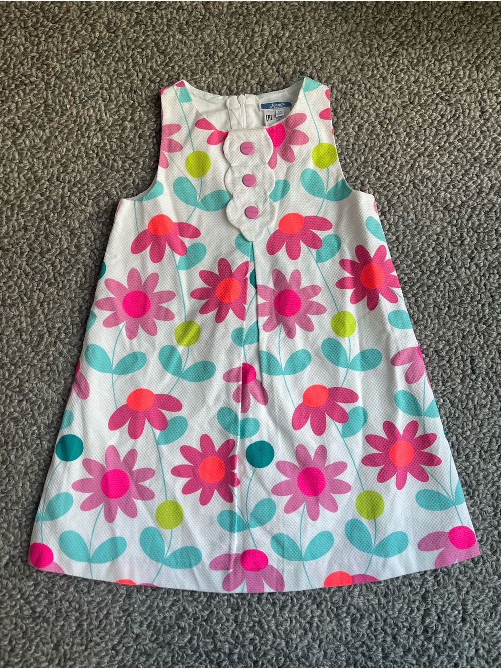 JACADI Girls White Floral A-Line Dress with Pink Flowers